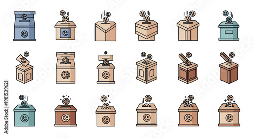 Donation Boxes Collection: Various styles of collection boxes with coins falling in