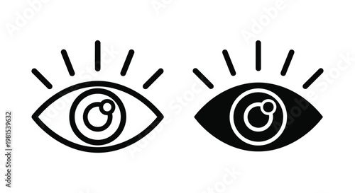 Minimalist black eye icons in outline and solid styles representing vision, observation, and digital interface visibility on a white background.