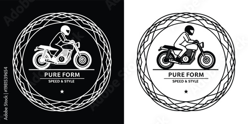 Classic motorcycle and rider graphic emblem perfectly embodying pure form, speed, and style within a geometric frame for branding projects.