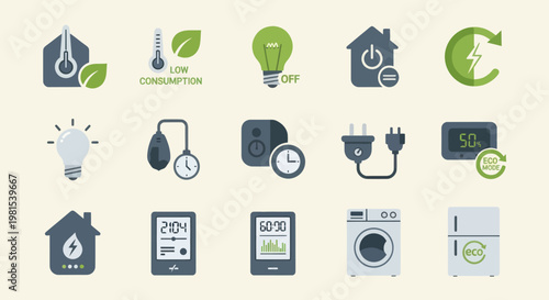 Smart Home Technology Icons: Energy Saving, Efficiency, and Modern Living