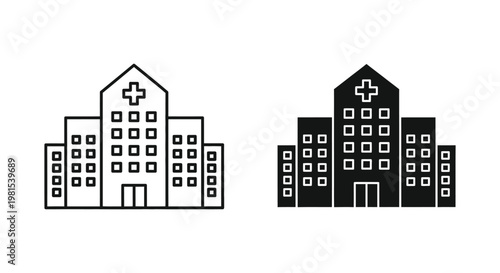 Minimalist hospital building icons in outline and solid black styles representing a modern medical center or healthcare facility for professional design projects.