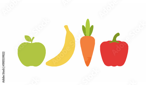 Cute smiling fruits and vegetables cartoon set apple banana carrot and pepper healthy food vector