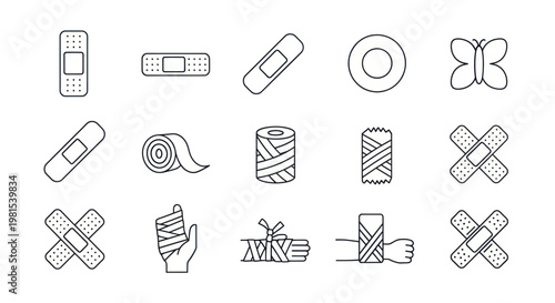 Medical Bandages and First Aid Icons: Plasters, Wraps, and Butterfly Bandage