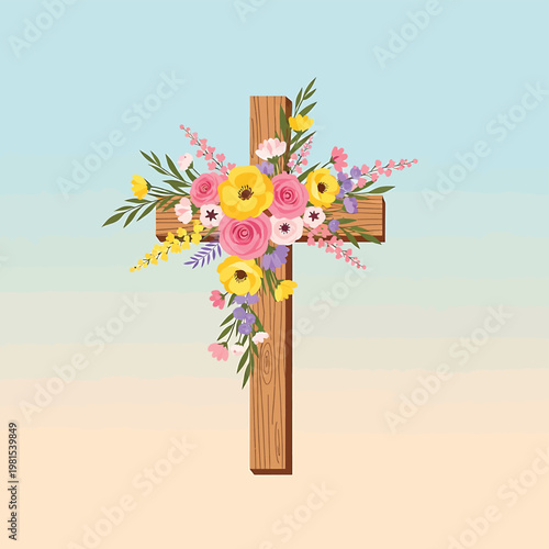 Wooden Cross with Colorful Flower Arrangement.