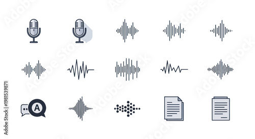 Audio Waveform and Microphone Icons Set: Sound, Voice, Music, Recording, Podcast, Speech