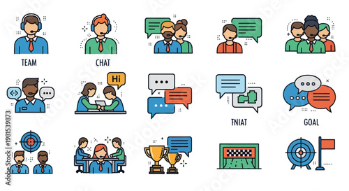 Business Communication Icons: Teamwork, Chat, Strategy, Support, Goal Achievement