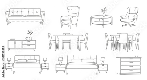 Furniture Sketch - Sofa, Chairs, Tables, Beds, and Dressers.