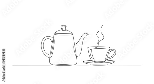 Minimalist Line Art: Steaming Coffee Pot and Cup on Saucer