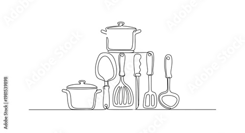 Kitchen Utensils and Pots Line Art Drawing, Cooking Tools Collection