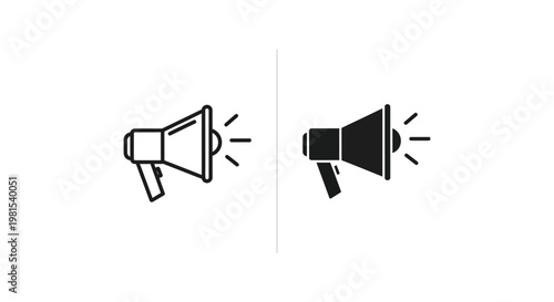 Professional megaphone and bullhorn vector icons featuring outline and solid styles for digital marketing campaigns, public announcements, and social media communication alerts.
