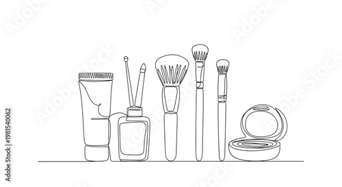 Minimalist Line Art: Makeup Brushes, Cream Tube, Perfume Bottle, Powder Compact