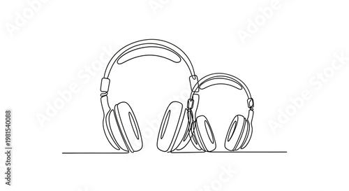 Minimalist Continuous Line Drawing of Two Headphones, One Large and One Small, on White Background