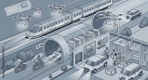 Futuristic City Transportation System with Trains and Flying Vehicles.