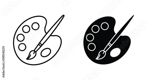 Set of minimalist artist palette and paintbrush icons in outline and solid black styles, perfect for creative design, art education, and painting studio branding.