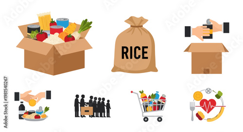 Food Donation Icons: Box, Rice Bag, Shopping Cart, Charity, Healthy Food