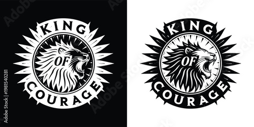 Fierce lion head roaring inside a circular badge with bold lettering text representing a powerful emblem of wild animal strength