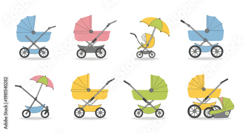 Collection of colorful baby strollers and prams, flat design