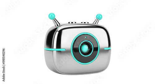 Futuristic Robot Camera with Bright Cyan Accents in White Background