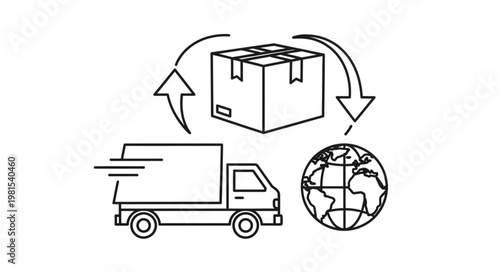 Global Delivery and Logistics - Truck, Package, and Earth Icon.