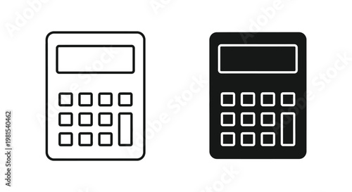 Minimalist calculator vector icons in outline and solid black silhouette styles for business accounting, financial planning, and educational mathematics.