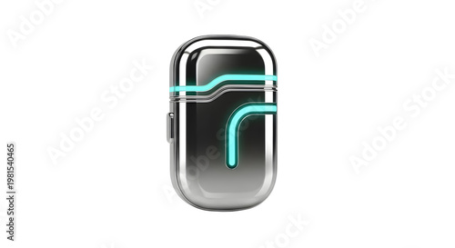 Futuristic Silver and Black Electronic Device with Neon Blue Accents on White Background