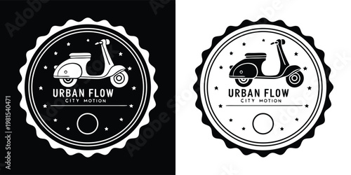Vintage classic scooter emblem design with 'Urban Flow City Motion' text and stars, perfect for transport branding and urban lifestyle projects.