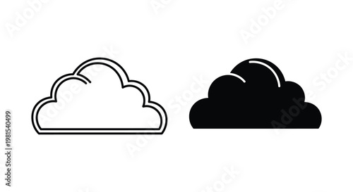 Set of minimalist cloud icons featuring a thin line outline and a solid black silhouette, perfect for cloud computing technology, weather forecasting interfaces, and modern UI design.