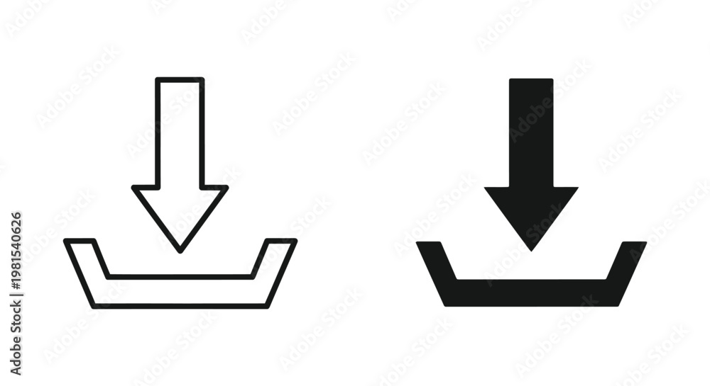 Fototapeta premium Minimalist download icon set featuring outline and solid black arrow symbols for digital file transfer, data storage, and web interface design on a white background.