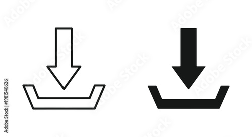 Minimalist download icon set featuring outline and solid black arrow symbols for digital file transfer, data storage, and web interface design on a white background.