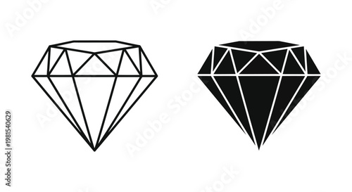 Elegant pair of diamond gemstone icons featuring minimalist outline and solid black silhouette designs for luxury jewelry branding and high-end graphic projects.
