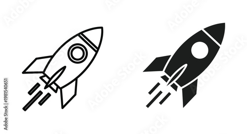 Set of minimalist rocket ship icons in outline and solid silhouette styles, symbolizing a successful startup launch, rapid business growth, and future-forward technological innovation.