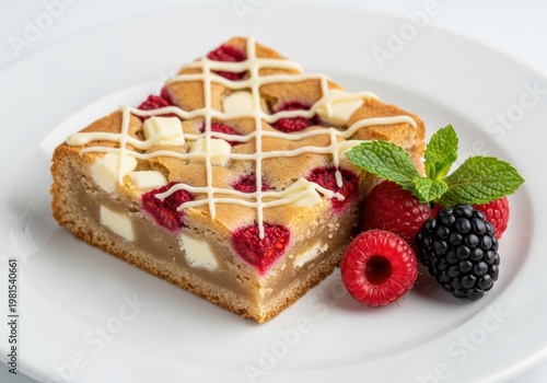 Fresh baked raspberry white chocolate blondie bar with mint on white plate