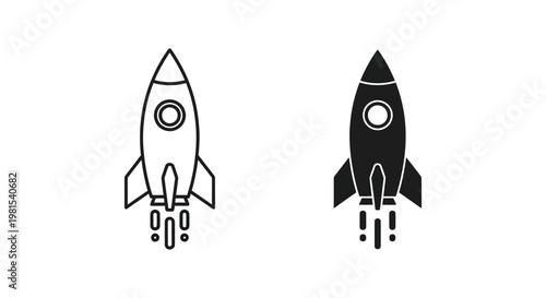 Set of two minimalist rocket ship icons in outline and solid black styles, symbolizing business startup launch, rapid growth, and technological innovation on a white background.