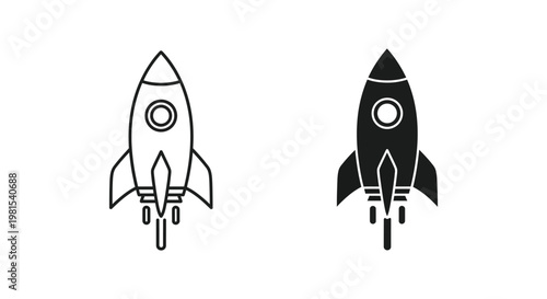 Set of two minimalist rocket ship icons in outline and solid black styles symbolizing business startup launch, rapid growth, and technological innovation for corporate branding.
