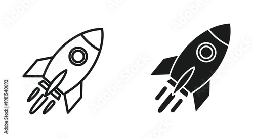 Minimalist rocket ship vector icons in outline and solid silhouette styles for startup launch, business growth, and technological innovation concepts.