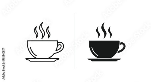 Minimalist Coffee Cup Icons in Outline and Solid Styles for Cafe Menus and Web Design