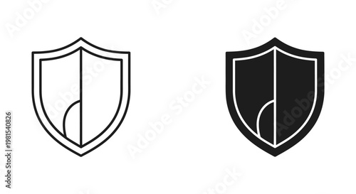 Minimalist shield icon set in outline and solid black styles for cybersecurity, data protection, and digital safety interface design