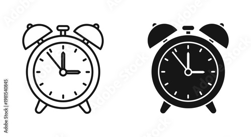Minimalist Alarm Clock Icon Set with Outline and Solid Silhouette Styles for Time Management and Morning Wake Up Concepts