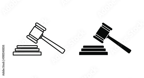 Minimalist judge gavel and sound block icons representing legal justice, court proceedings, and auction house bidding on a clean white background