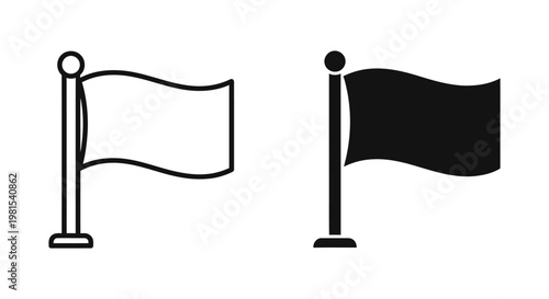 Minimalist waving flag icon set in outline and solid black styles for website navigation, map location markers, and business achievement symbols