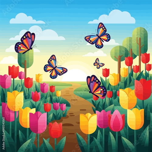 Colorful Butterflies Flying in Garden.