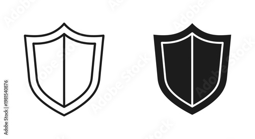 Minimalist black and white shield icons in outline and solid styles for cybersecurity, data protection, and digital safety concepts
