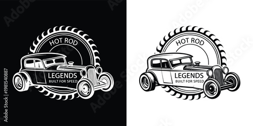 Classic hot rod vintage car emblem design showcasing the legend built for speed concept, perfect for automotive enthusiasts and retro style branding.