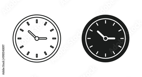 Minimalist clock icon set in outline and solid black styles for time management, scheduling, and deadline concepts