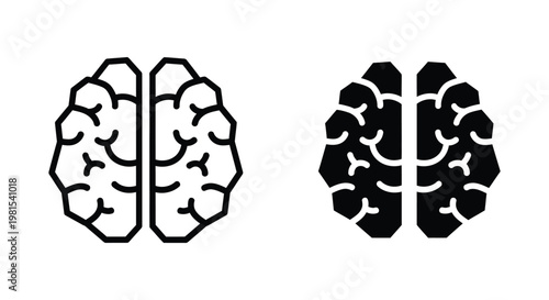 Minimalist human brain icons in outline and solid glyph styles for psychology, mental health, neurology, and creative thinking concepts.