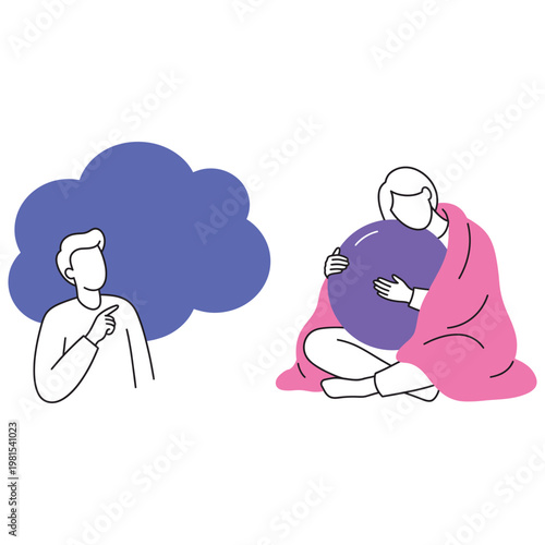 Person contemplating a large purple sphere while wrapped in a pink blanket.