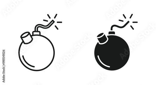 Set of minimalist black bomb icons with burning fuses in outline and solid styles, representing danger, urgent deadlines, and explosive business risks on a white background