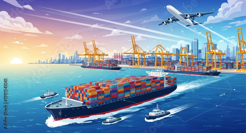 Global Logistics and Transportation - A Seamless Network of Cargo Ships, Airplanes, and Port Cranes.