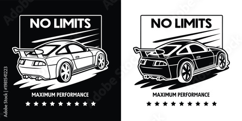 Powerful racing sports car illustration featuring a sleek design with bold lettering for maximum performance on a black white background