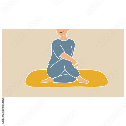 Person performing seated spinal twist yoga pose on mat.